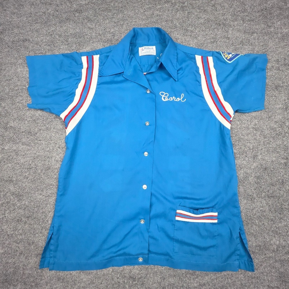 Vintage 1970s Hilton Bowling Shirt Chain Stich Men's 36 Blue Made USA California